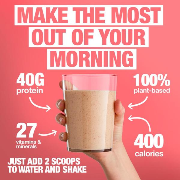 A clean, direct creative showcasing a protein shake glass with four key nutritional benefit callouts positioned around it.